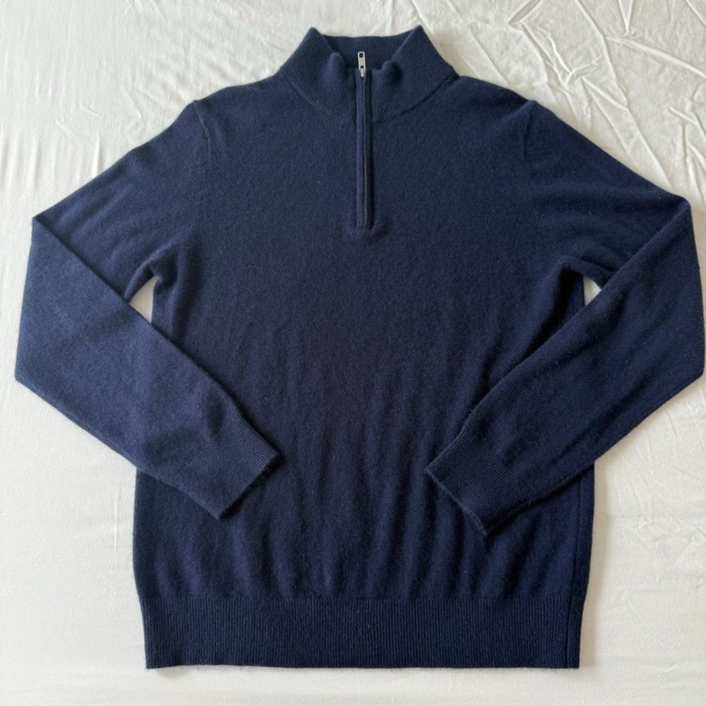 Quince Mens M 100% Cashmere Quarter Zip Sweater Navy Blue Pullover